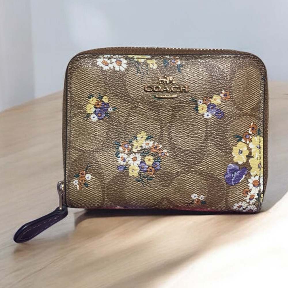 Coach Small Zip Around Wallet In Signature Canvas With Medley Bouquet Print